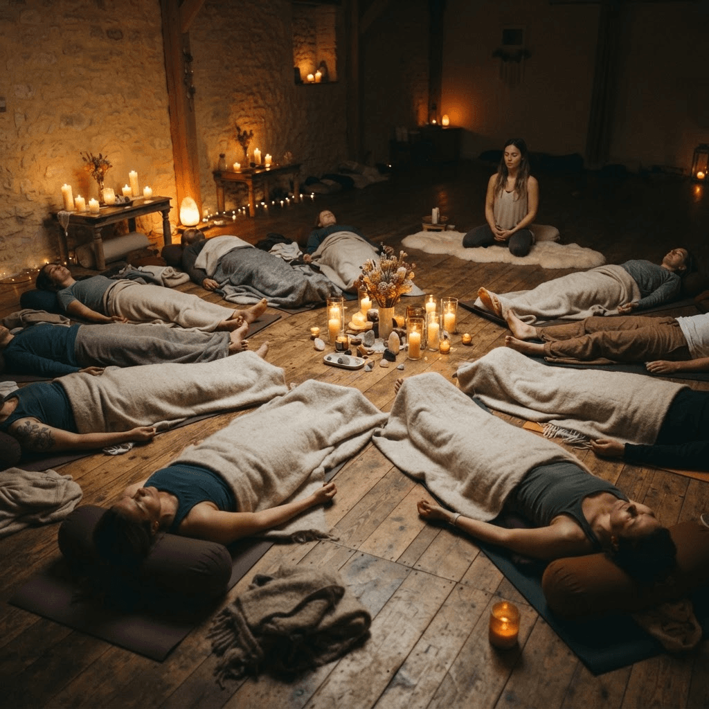 A guided breathwork session with people seated in a calm circle