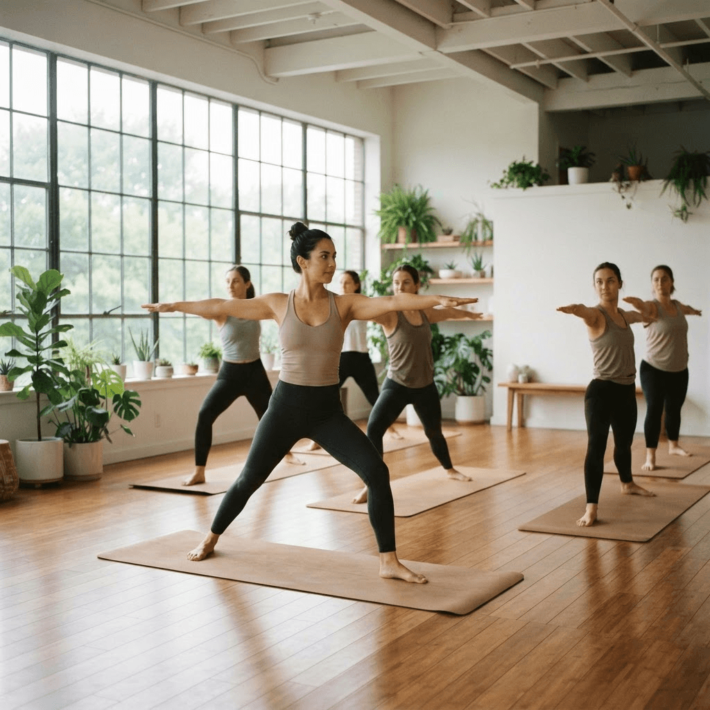 A morning yoga class in a bright studio
